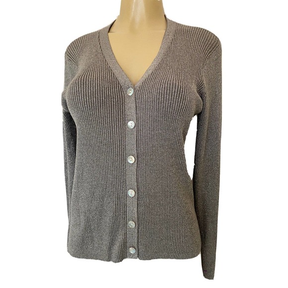 Joseph A. Top Ribbed Knit Silver Metallic Long Sleeve V Neck Button Down… - Picture 1 of 4